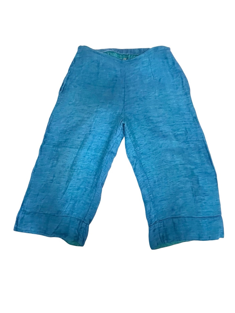 FLAX Teal Blue 100% Linen Wide Leg Crop Pants Elastic Waist Pull On Small